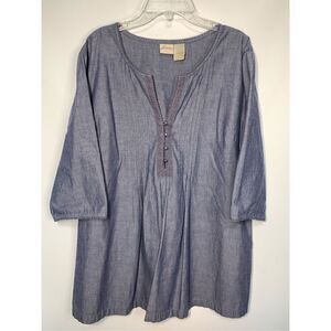 JH Collectibles Women's Split V-Neck Half Button Front Pleated Tunic Blue Large
